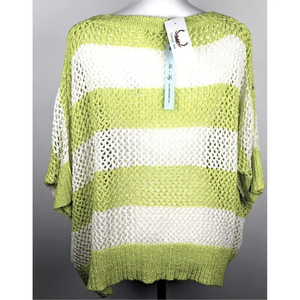 She & Sky Sz2 Oversized open weave sweater neon lime+white NWTbust 60